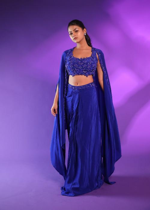 Blue Drape Skirt With Hand Embroidery Blouse And Cape