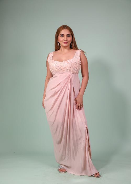 peach Gown Dress In Crape With Hand Embroidery On Bodice And Side Slit