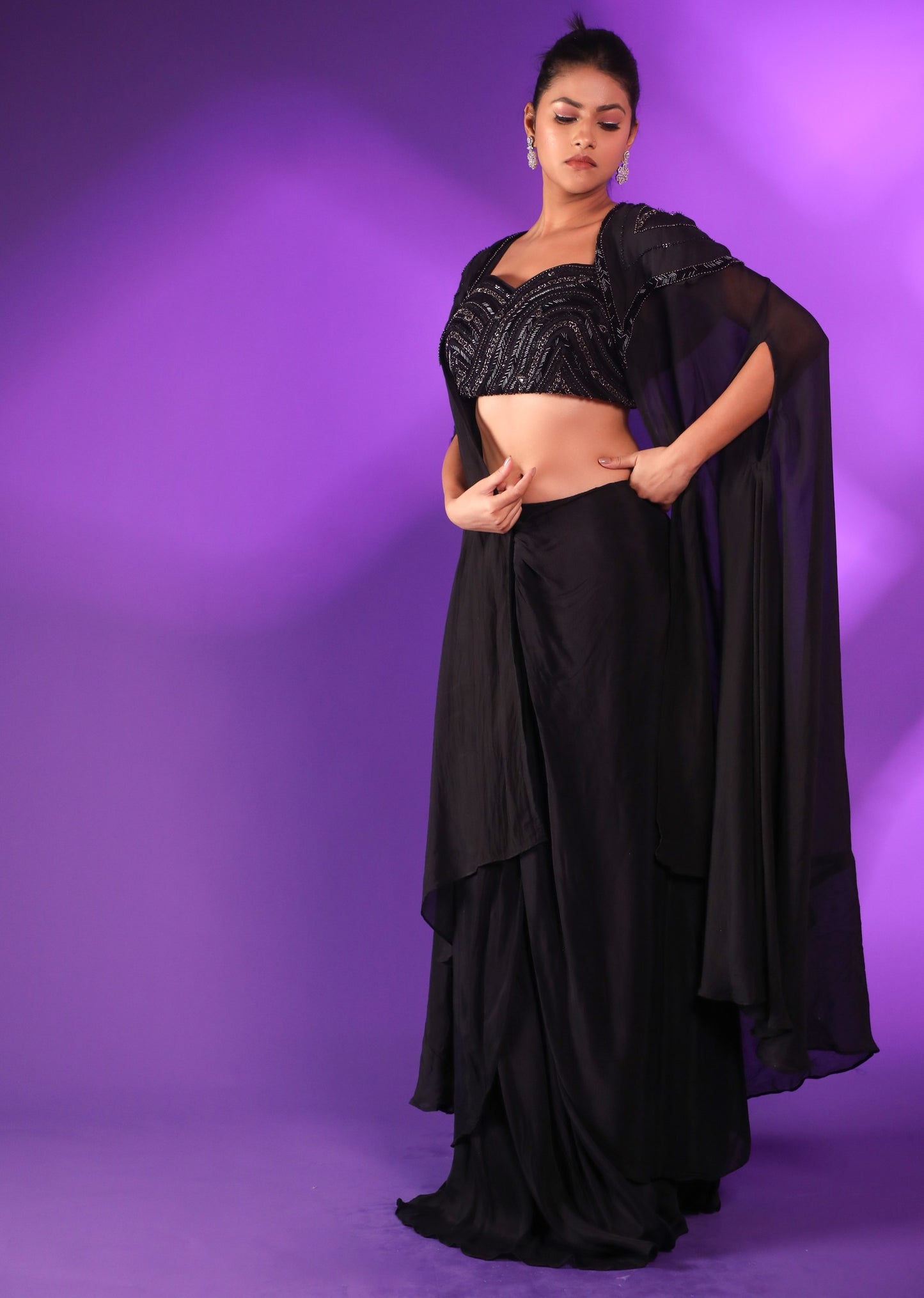 Black Drape Skirt With Hand Embroidered Blouse And Cape