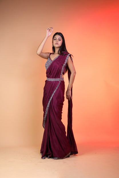 Dark Wine Ready Pleated Saree With Handwork Blouse