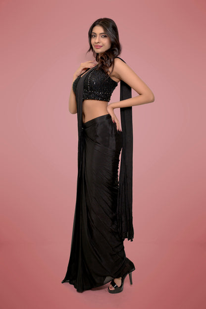 Black Pre-Draped Saree In Crape With Handwork Blouse