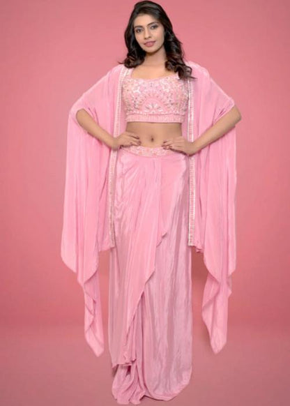 Rust Pink Drape Skirt With Matching Blouse & Cape Embellished In Beads, Cutdana Handwork