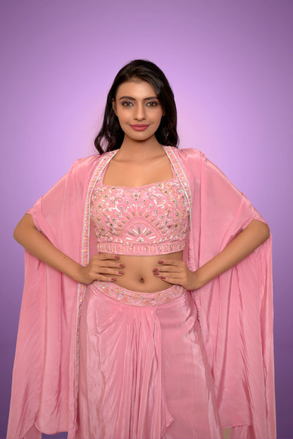 Rust Pink Drape Skirt With Matching Blouse & Cape Embellished In Beads, Cutdana Handwork