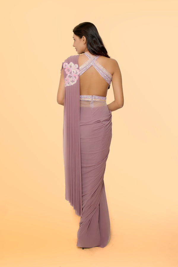 Lilac Backless Indowestern Saree Gown