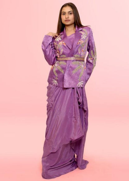 Lilac Drape Skirt Set With Indo Western Jacket With Beautiful Hand Embroidery