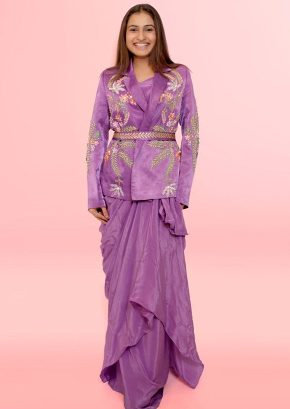 Lilac Drape Skirt Set With Indo Western Jacket With Beautiful Hand Embroidery