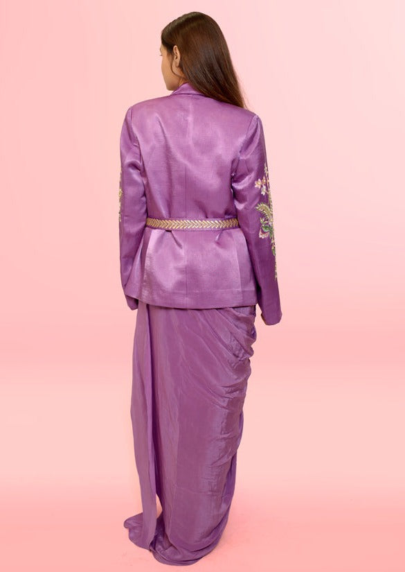 Lilac Drape Skirt Set With Indo Western Jacket With Beautiful Hand Embroidery