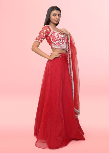 Red Lehenga Choli With Self & White Cutdana, Beads Handwork With Matching Dupatta