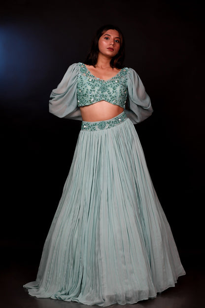 Mint Green Lehenga And Blouse Adorned With Crystal, Shell, Pot & Sequins Work