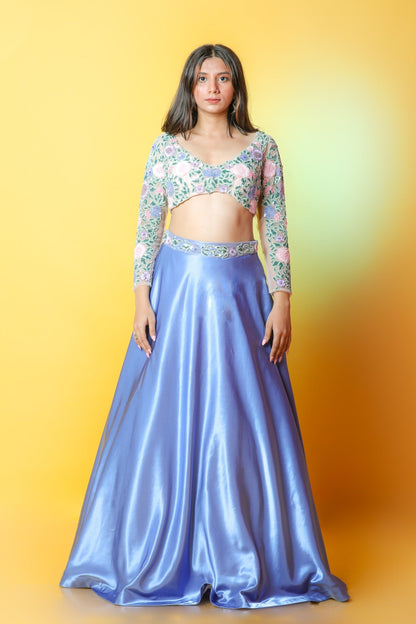 Blue Satin Lehenga And Blouse With Heavily Embroidered Colourful Spring Blooms