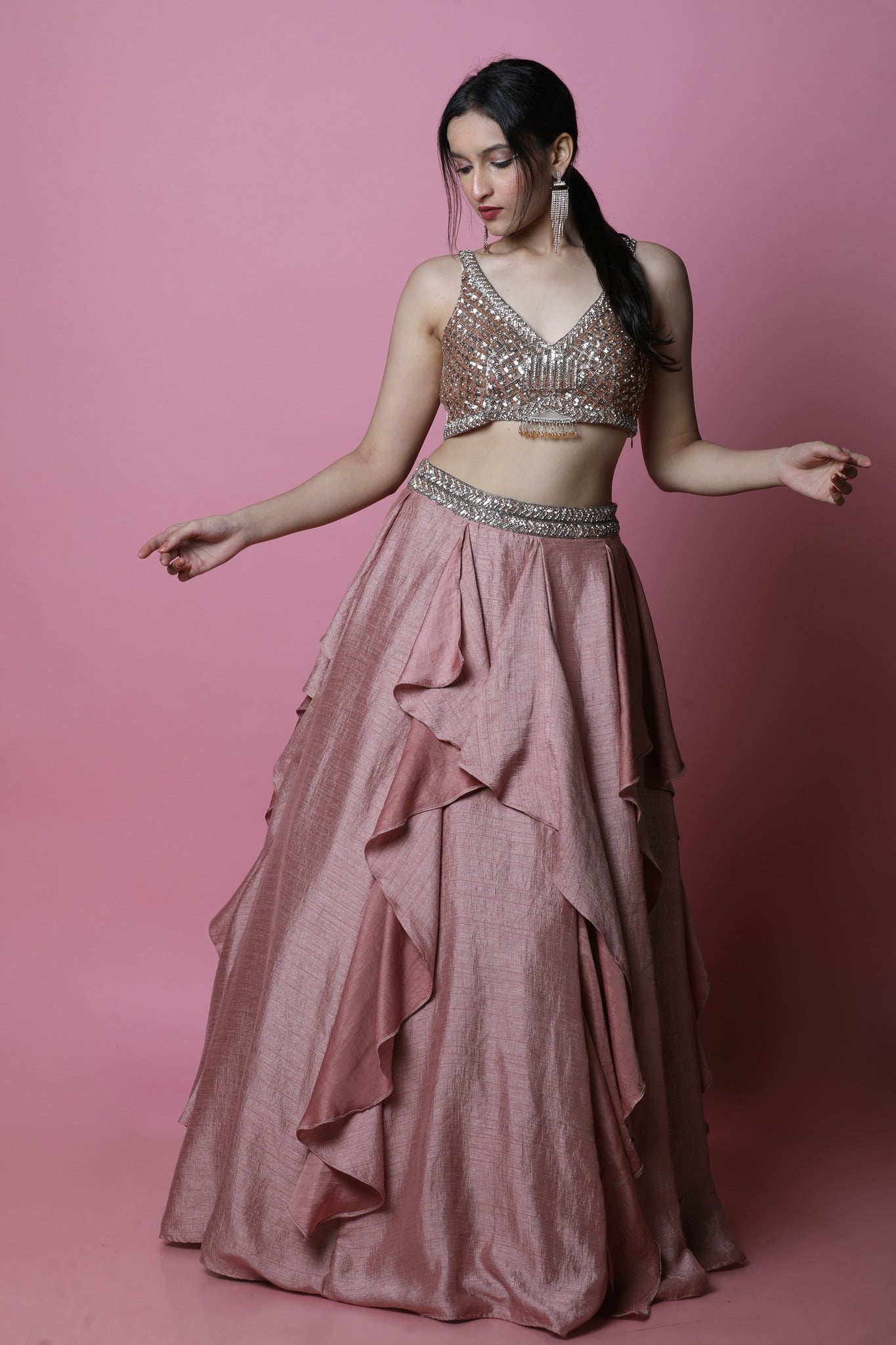 Rust Ruffle Lehenga With Diamond, Sequins And Cutdana Embroidered Blouse