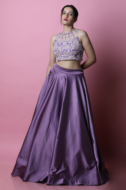 Lilac Satin Lehenga And Blouse With Heavily Embroidered Spring Blooms