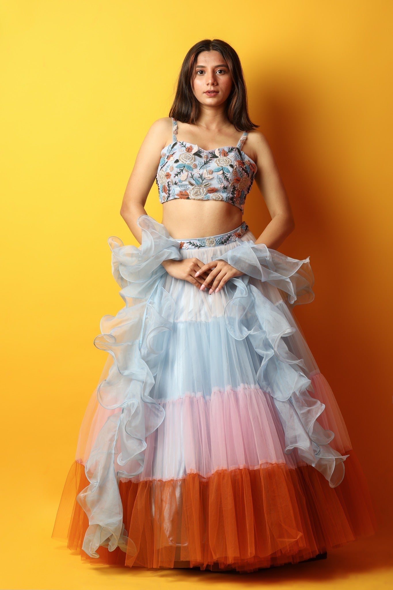 Buy Icy Pink Net Lehenga And Cap Sleeves Crop Top With 3D Flower Cluster  And Scattered Buttis KALKI Fashion India
