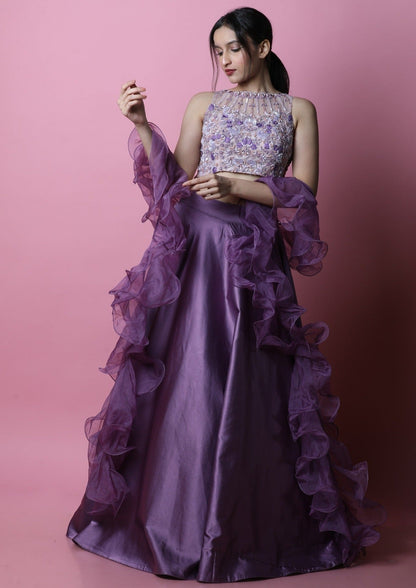 Lilac Satin Lehenga And Blouse With Heavily Embroidered Spring Blooms