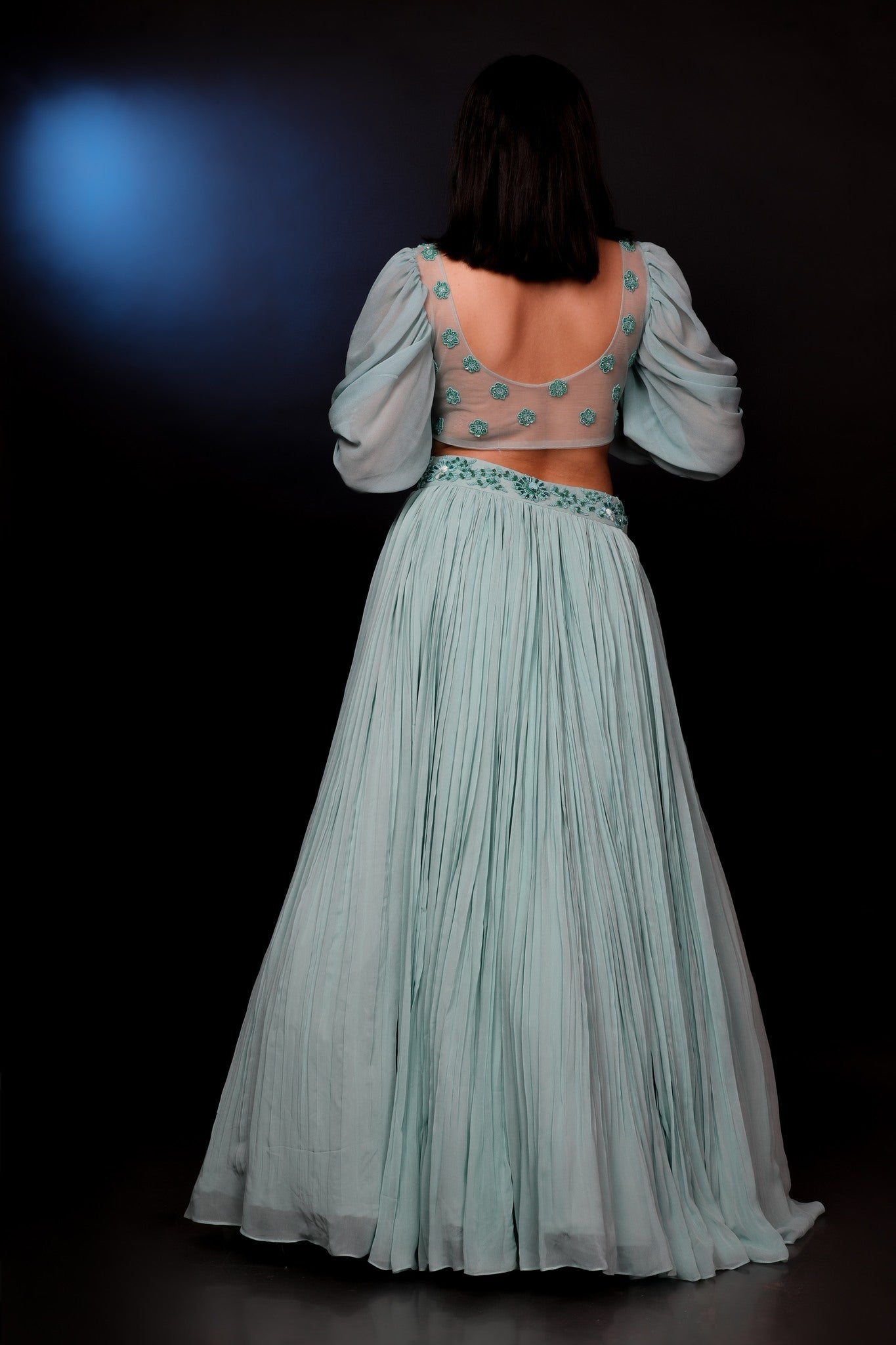 Mint Green Lehenga And Blouse Adorned With Crystal, Shell, Pot & Sequins Work