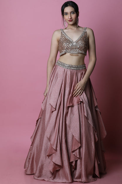 Rust Ruffle Lehenga With Diamond, Sequins And Cutdana Embroidered Blouse