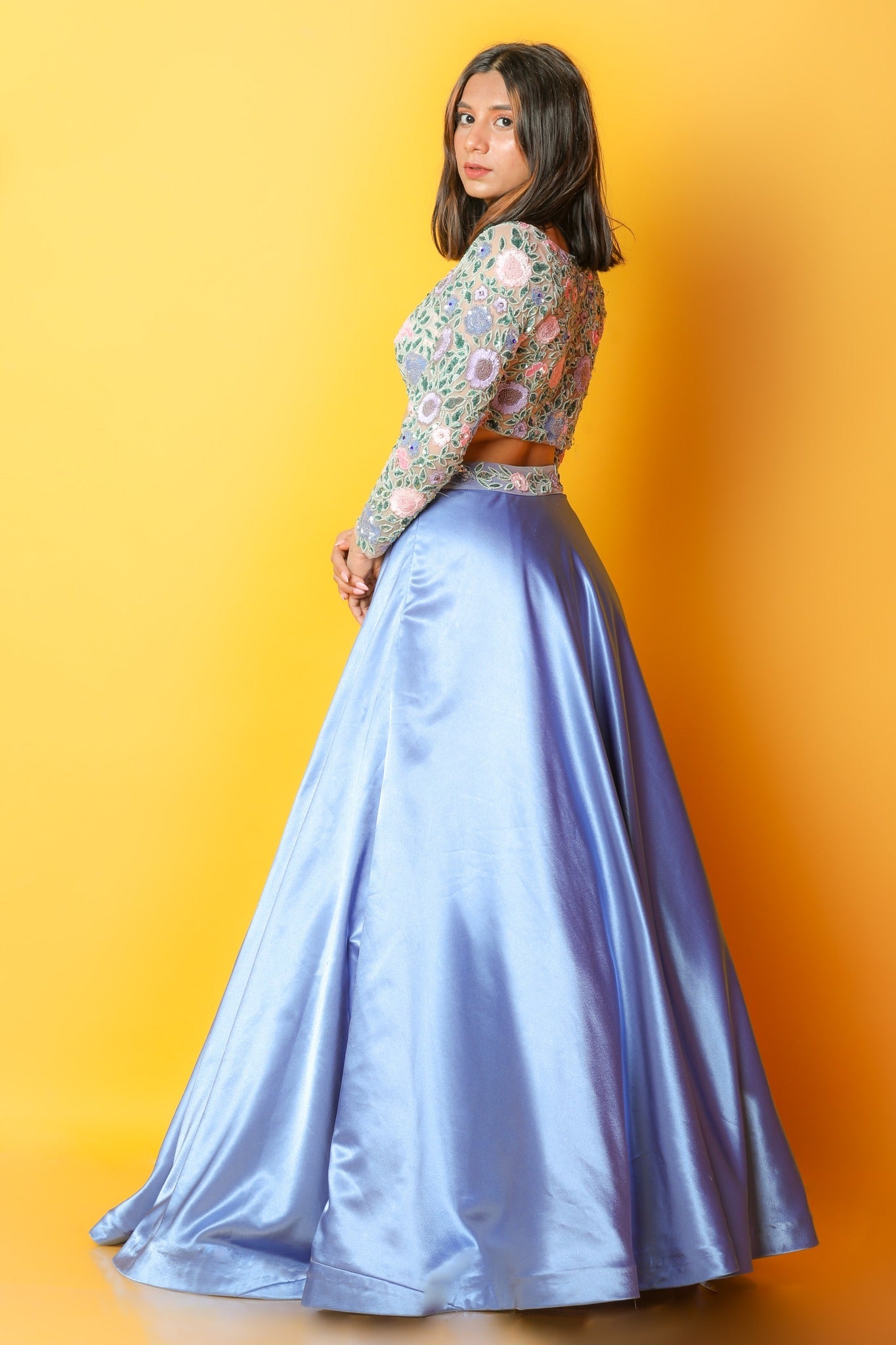 Blue Satin Lehenga And Blouse With Heavily Embroidered Colourful Spring Blooms