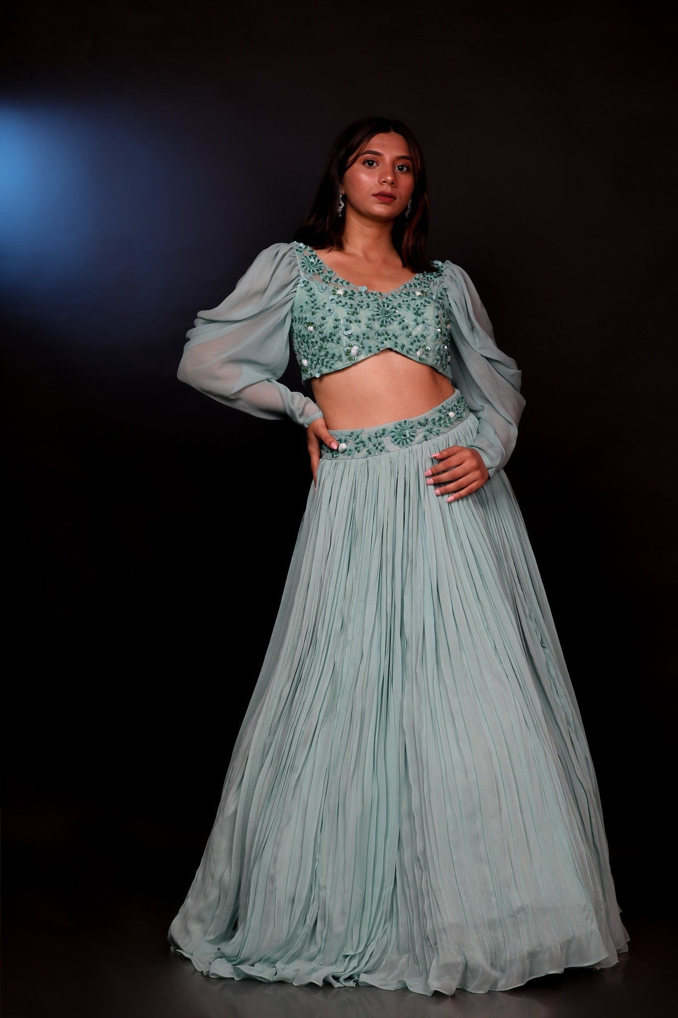 Mint Green Lehenga And Blouse Adorned With Crystal, Shell, Pot & Sequins Work