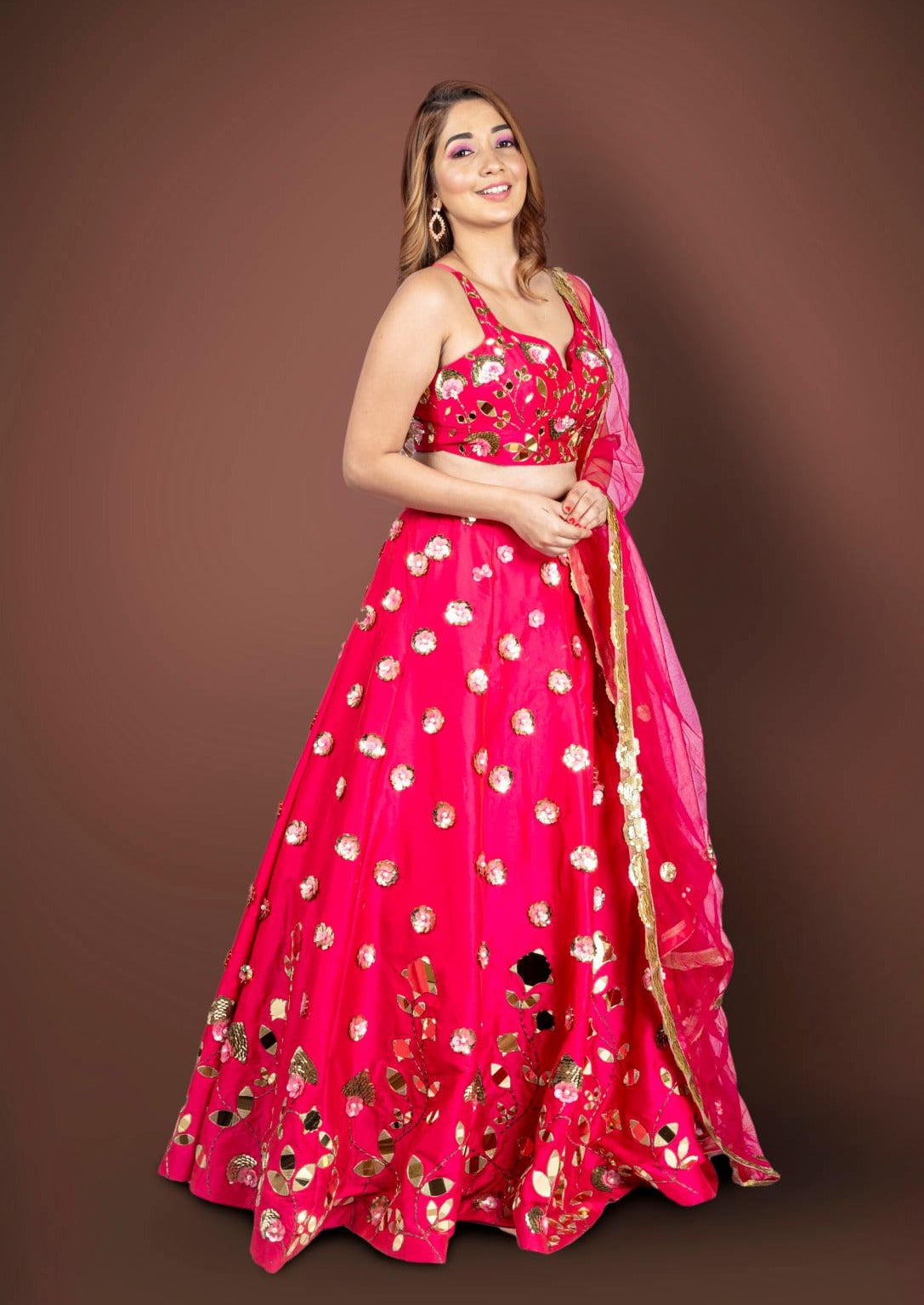 Pink Lehenga Choli With Floral And Leaf Cut Mirror Work