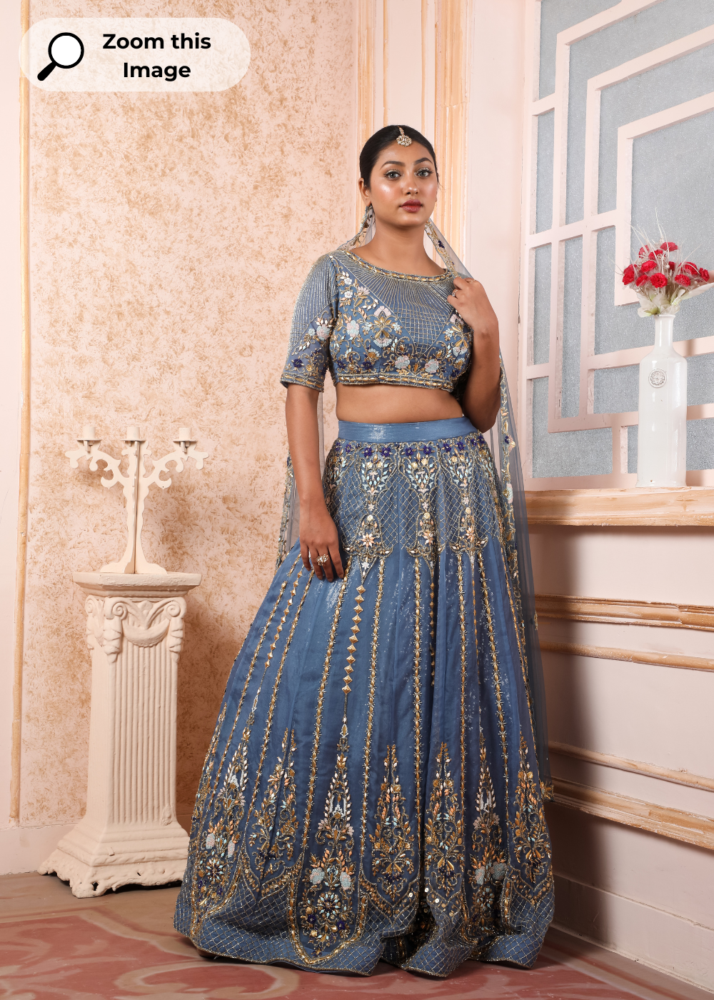 Blue Yonder Lehenga And Choli In Organza With Kutdana,Antique & Crystal Work