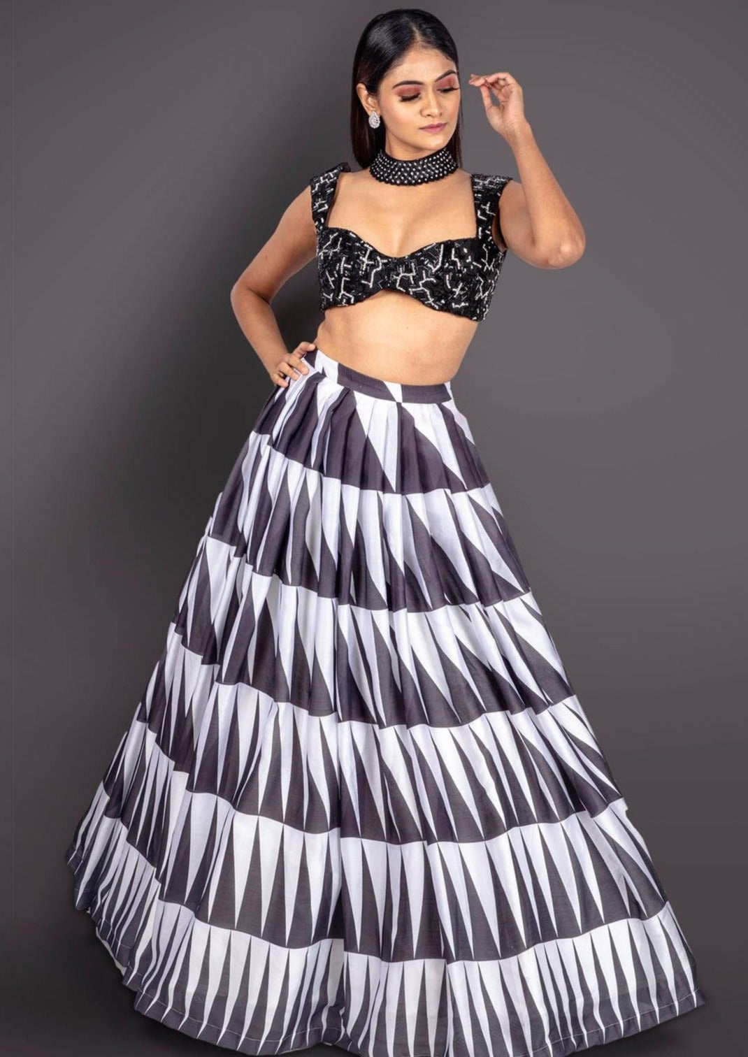 Black And White Lehenga With Stylish Blouse And Matching Choker