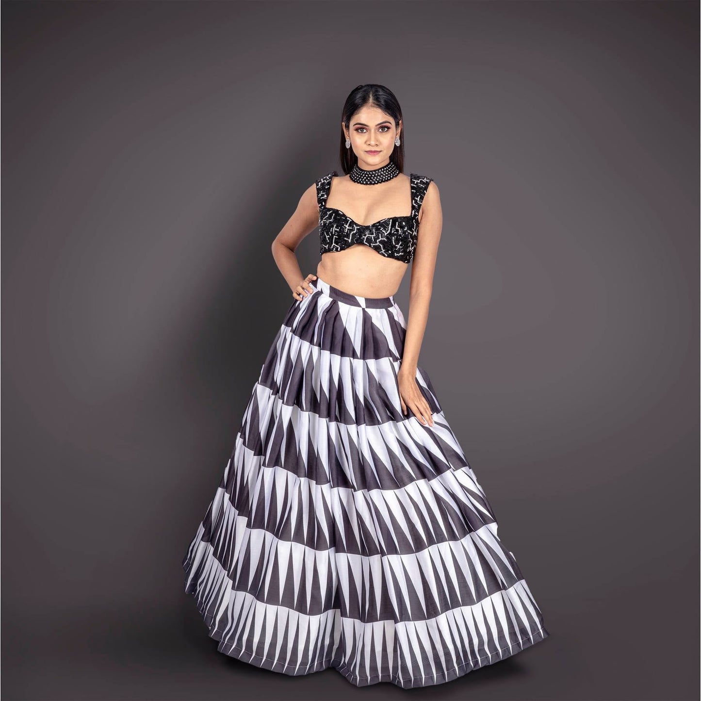 Black And White Lehenga With Stylish Blouse And Matching Choker