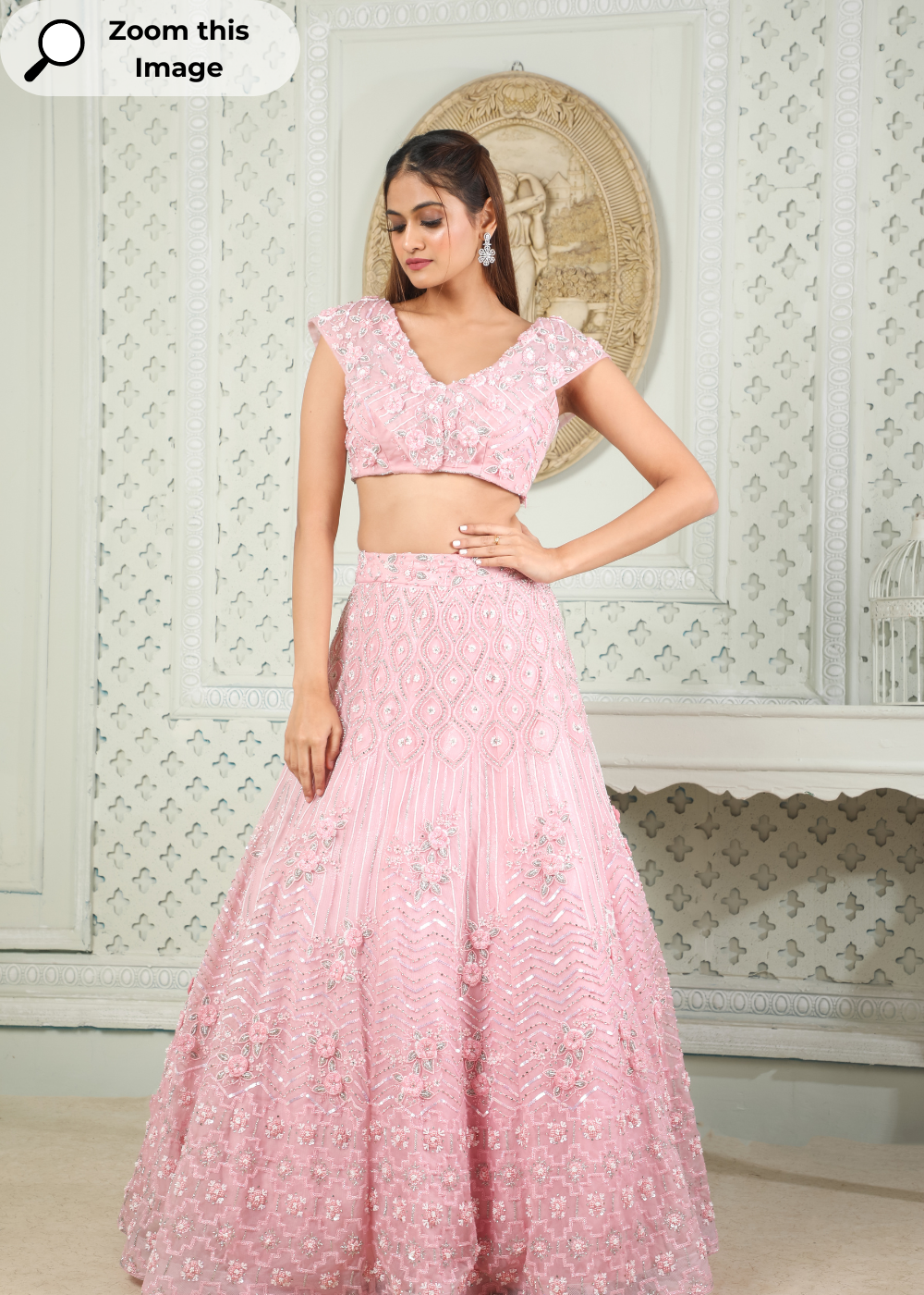 Pink Skirt In Organza With Heavy Handwork Emphasising Graphic Look