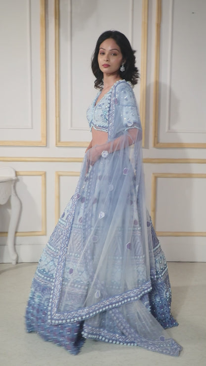 Ocean Ombre Lehenga & Blouse Heavily Embroidered With Various Materials And A Matching Dupatta