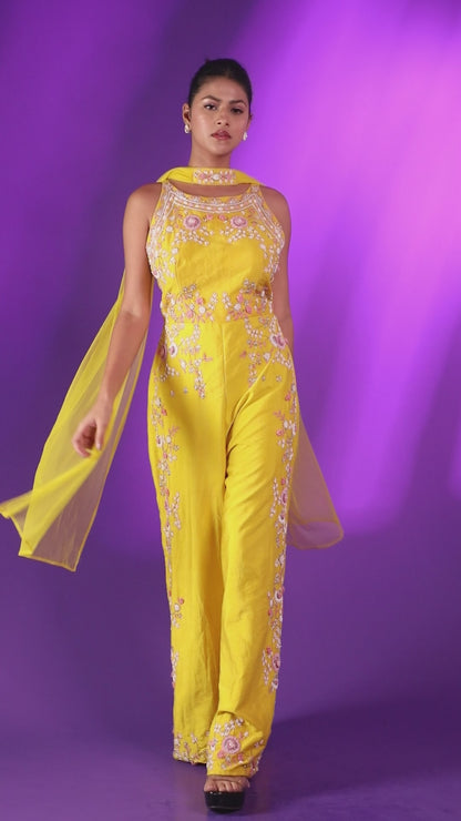 Yellow Jumpsuit With Floral Motif Embroidery