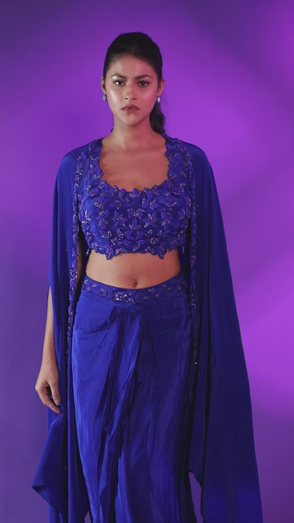 Blue Drape Skirt With Hand Embroidery Blouse And Cape