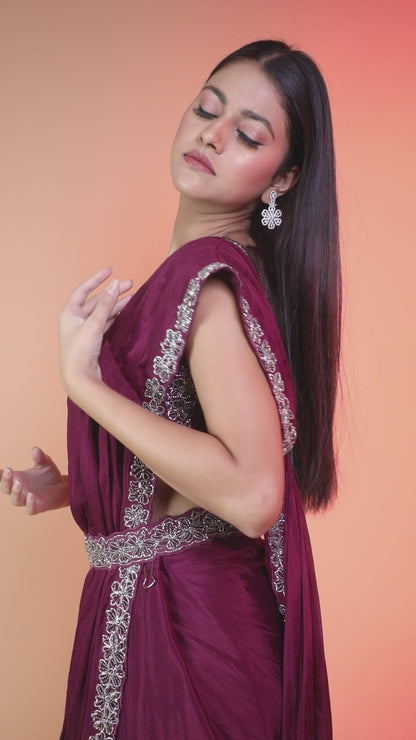 Dark Wine Ready Pleated Saree With Handwork Blouse