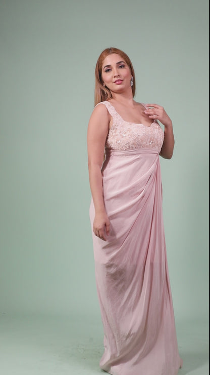 peach Gown Dress In Crape With Hand Embroidery On Bodice And Side Slit