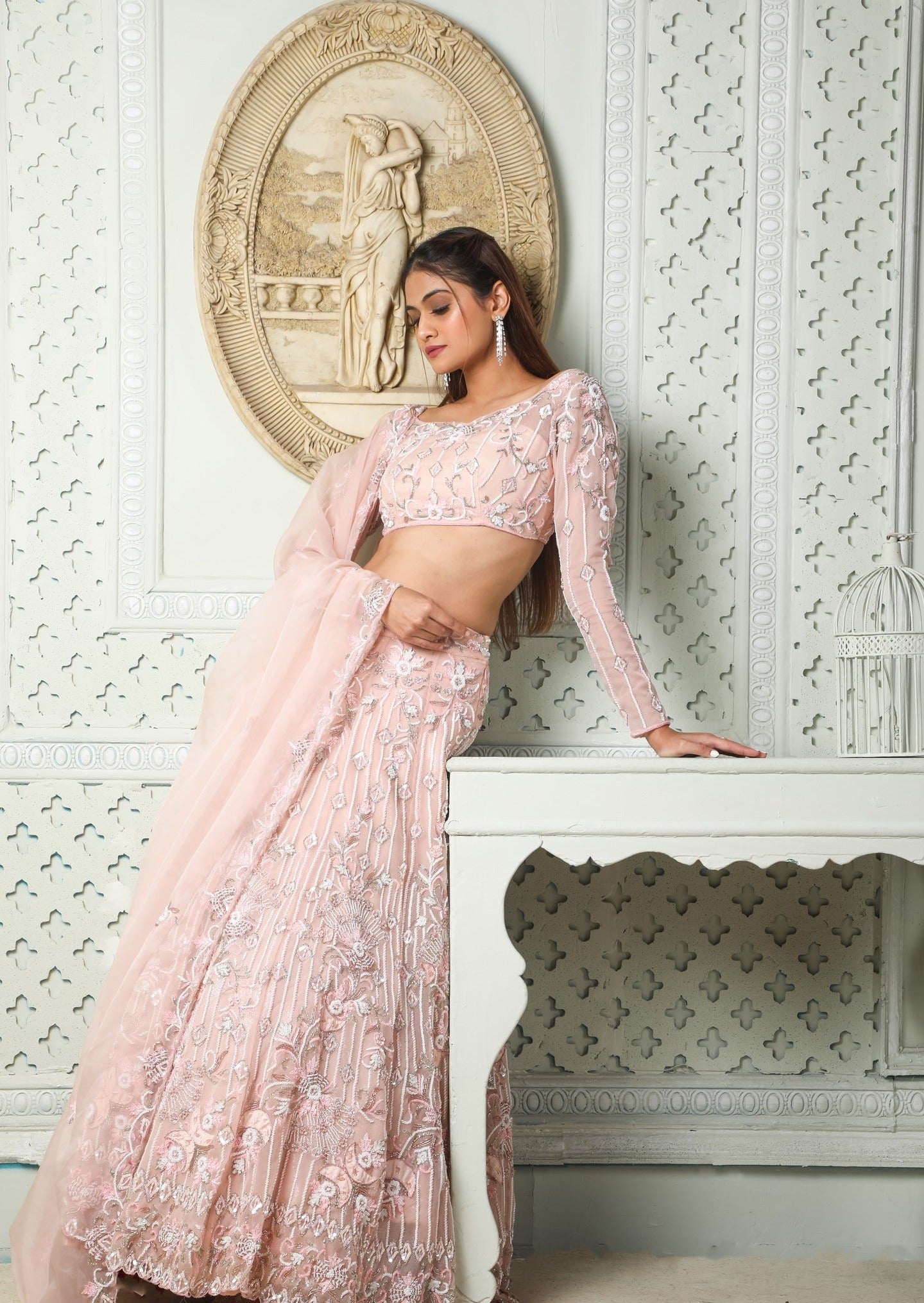 Peach Lehenga In Organza Embellished With Katdana, Sequins, Zardosi And More