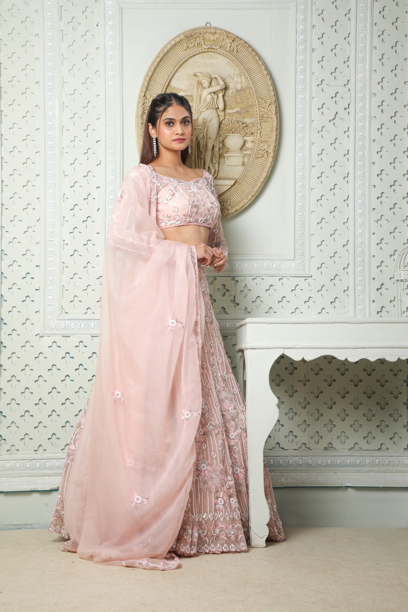 Peach Lehenga In Organza Embellished With Katdana, Sequins, Zardosi And More