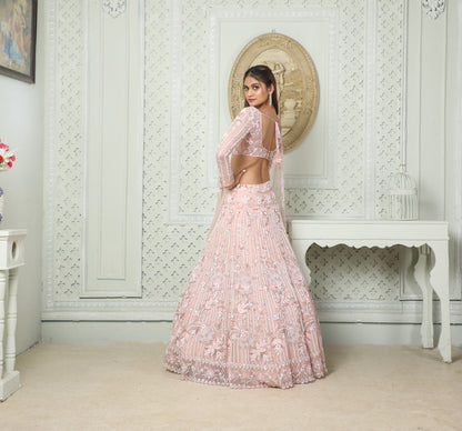 Peach Lehenga In Organza Embellished With Katdana, Sequins, Zardosi And More