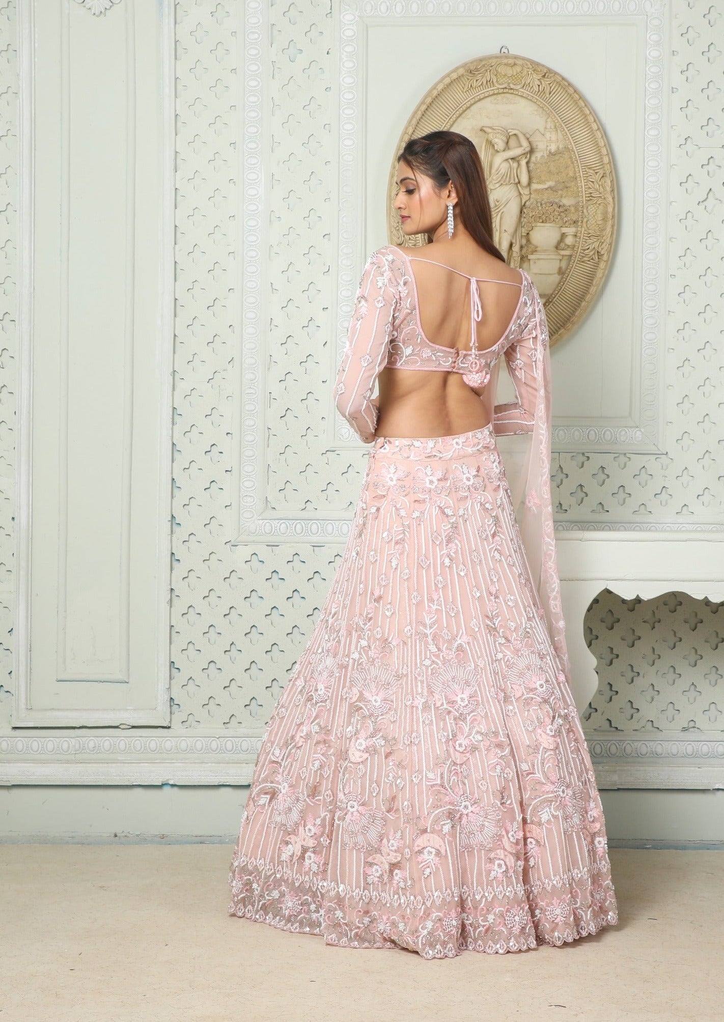 Buy Peach Pink Lehenga And Crop Top Set In Georgette With Lucknowi Thread  And Mirror Work
