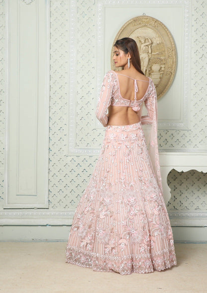 Peach Lehenga In Organza Embellished With Katdana, Sequins, Zardosi And More