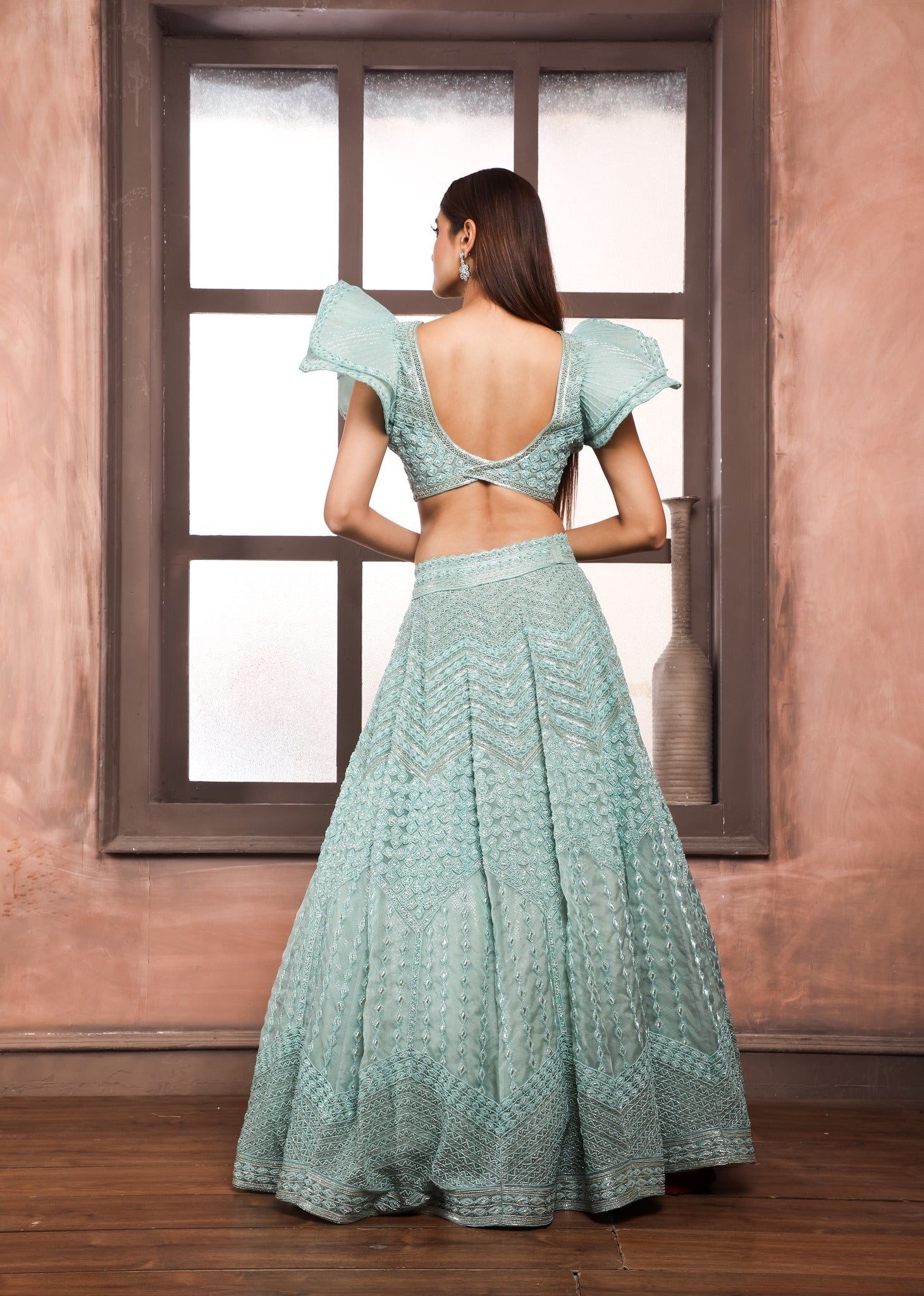 Handwork Mint Green Organza Lehenga & Top With Dramatic Sleeves