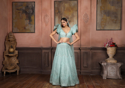 Handwork Mint Green Organza Lehenga & Top With Dramatic Sleeves