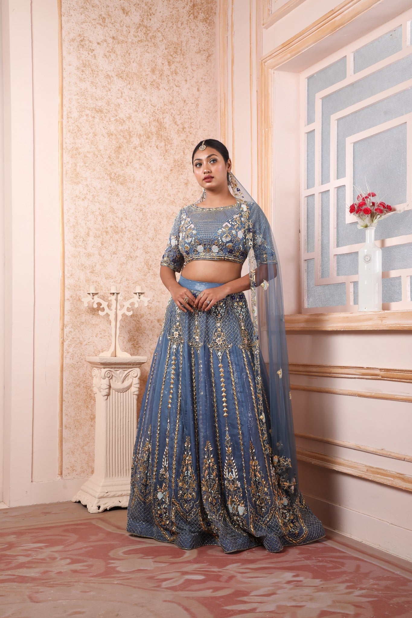 Blue Yonder Lehenga And Choli In Organza With Kutdana,Antique & Crystal Work