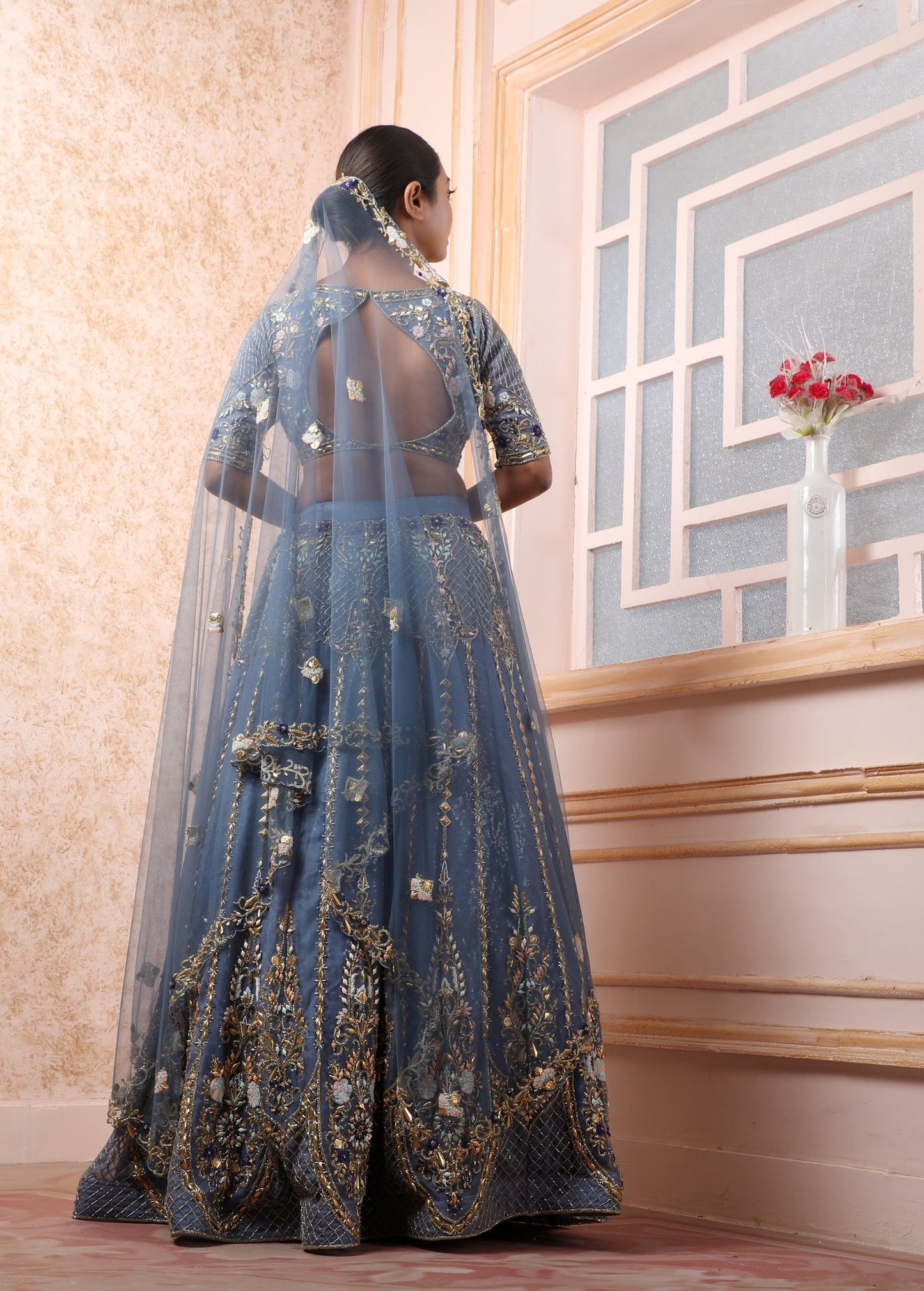 Blue Yonder Lehenga And Choli In Organza With Kutdana,Antique & Crystal Work