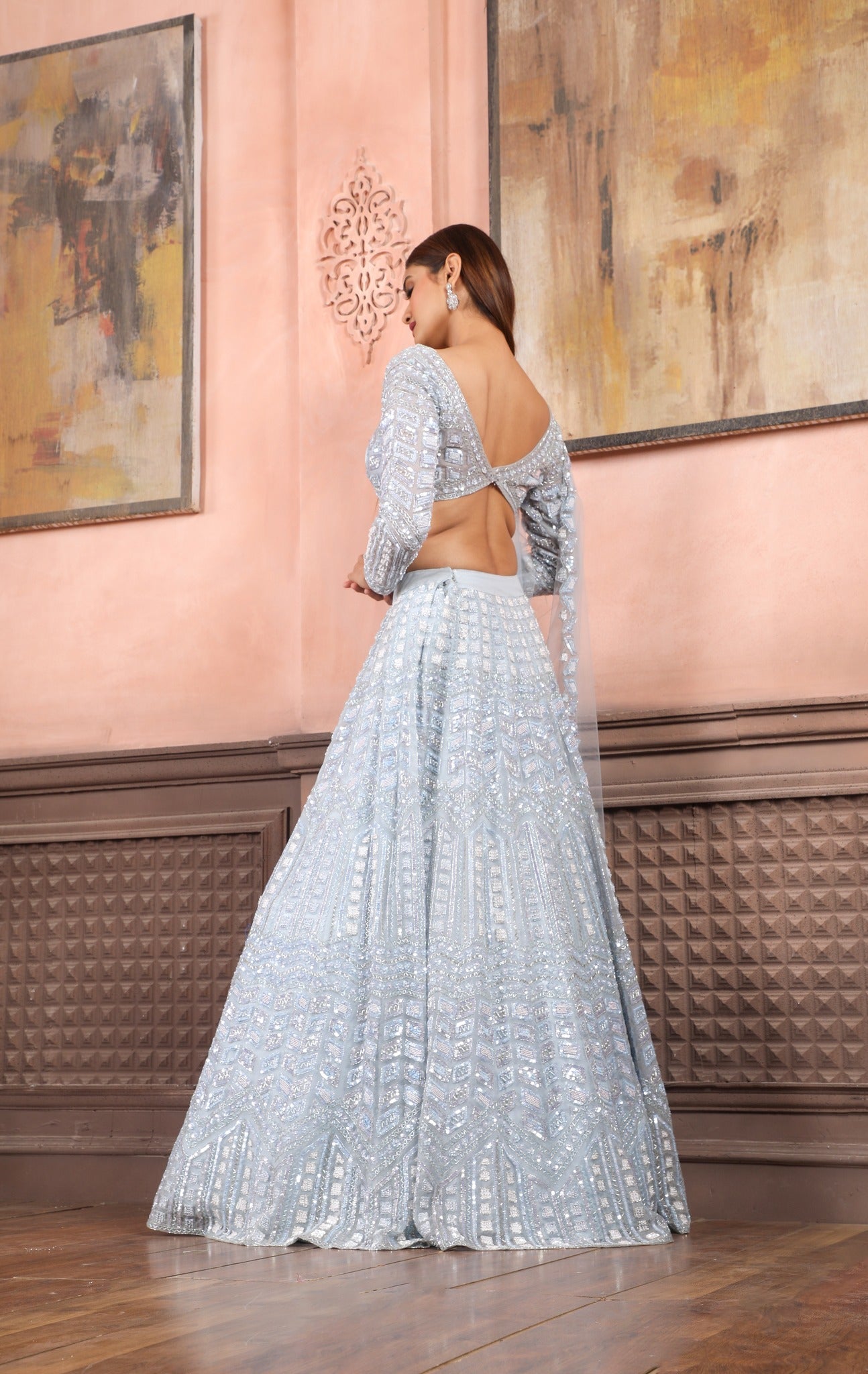 Maya Blue Lehenga Set With Salli,Pot,Kutdana,& Sequins Work In Geometric Pattern