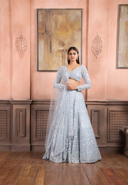 Maya Blue Lehenga Set With Salli,Pot,Kutdana,& Sequins Work In Geometric Pattern