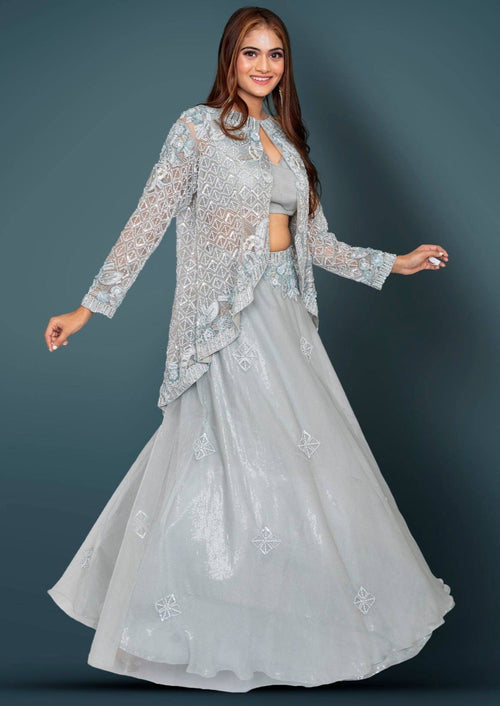 Pastel Aqua Green Lehenga, Sequins Croptop And Heavy Handwork Jacket