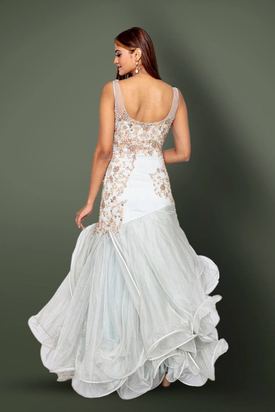 Mermaid Ruffle Powder Blue Gown In Organza With Multicolour Imported Sequins