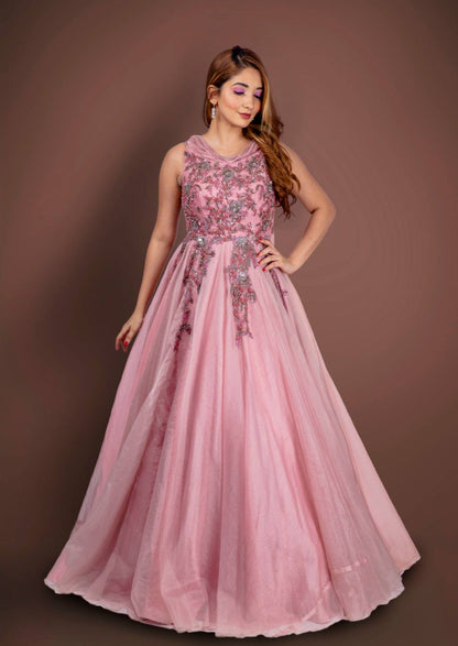 Onion Organa Gown With Sequins, Cutdana, Zardosi Work On Bodice