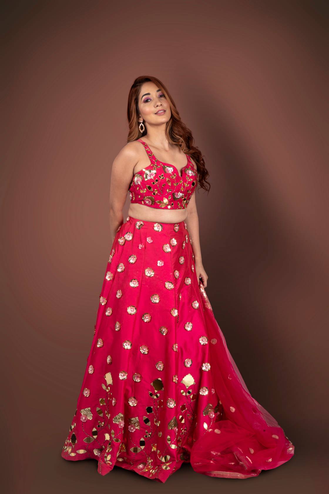 Pink Lehenga Choli With Floral And Leaf Cut Mirror Work