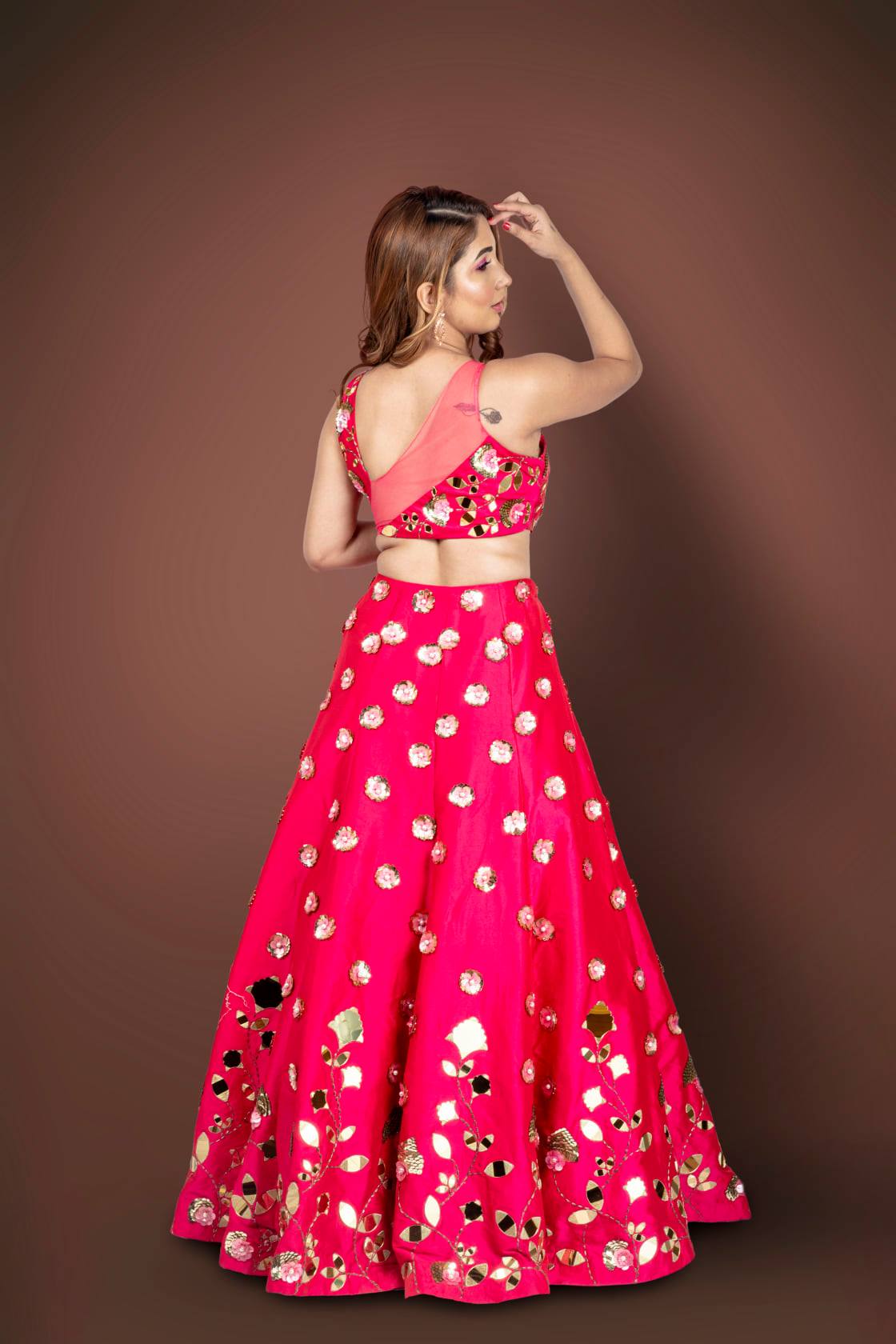 Pink Lehenga Choli With Floral And Leaf Cut Mirror Work