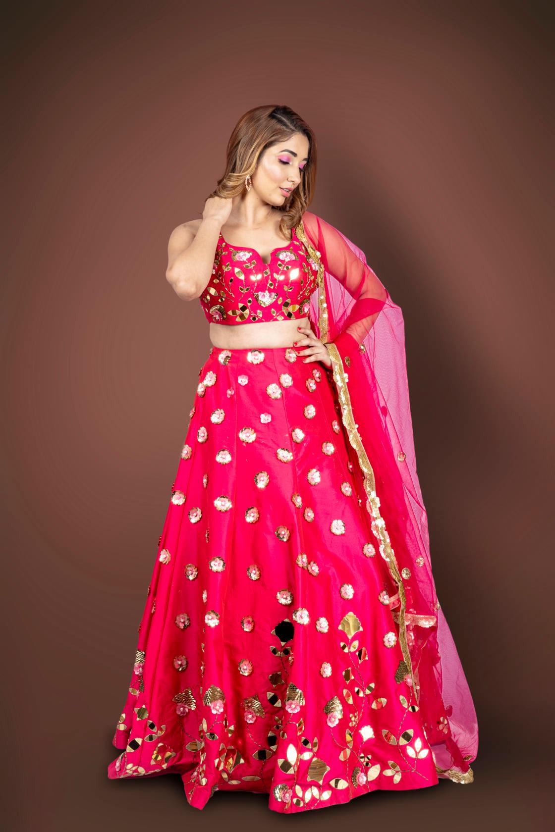 Pink Lehenga Choli With Floral And Leaf Cut Mirror Work