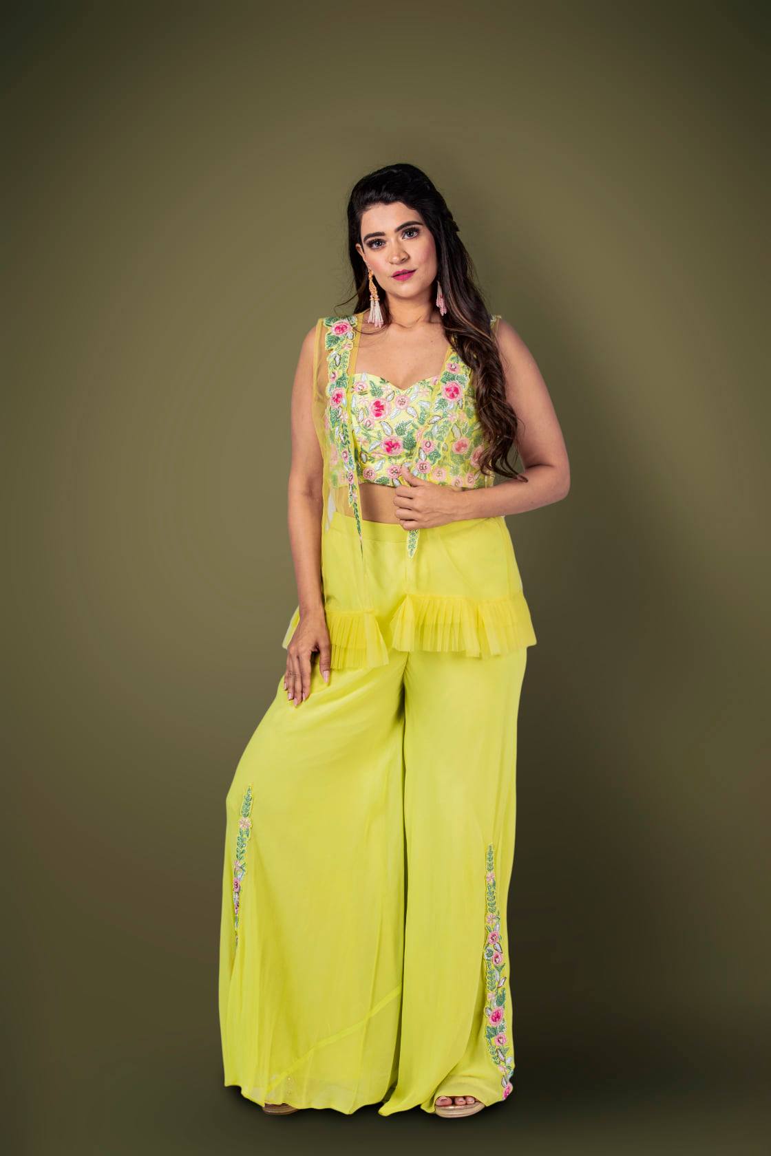 MUSTARD YELLOW PALAZZO PANT SET WITH A CHIKAN BLOUSE PAIRED WITH A MATCHING  CHIKAN FRONT TIE UP JACKET. - Seasons India